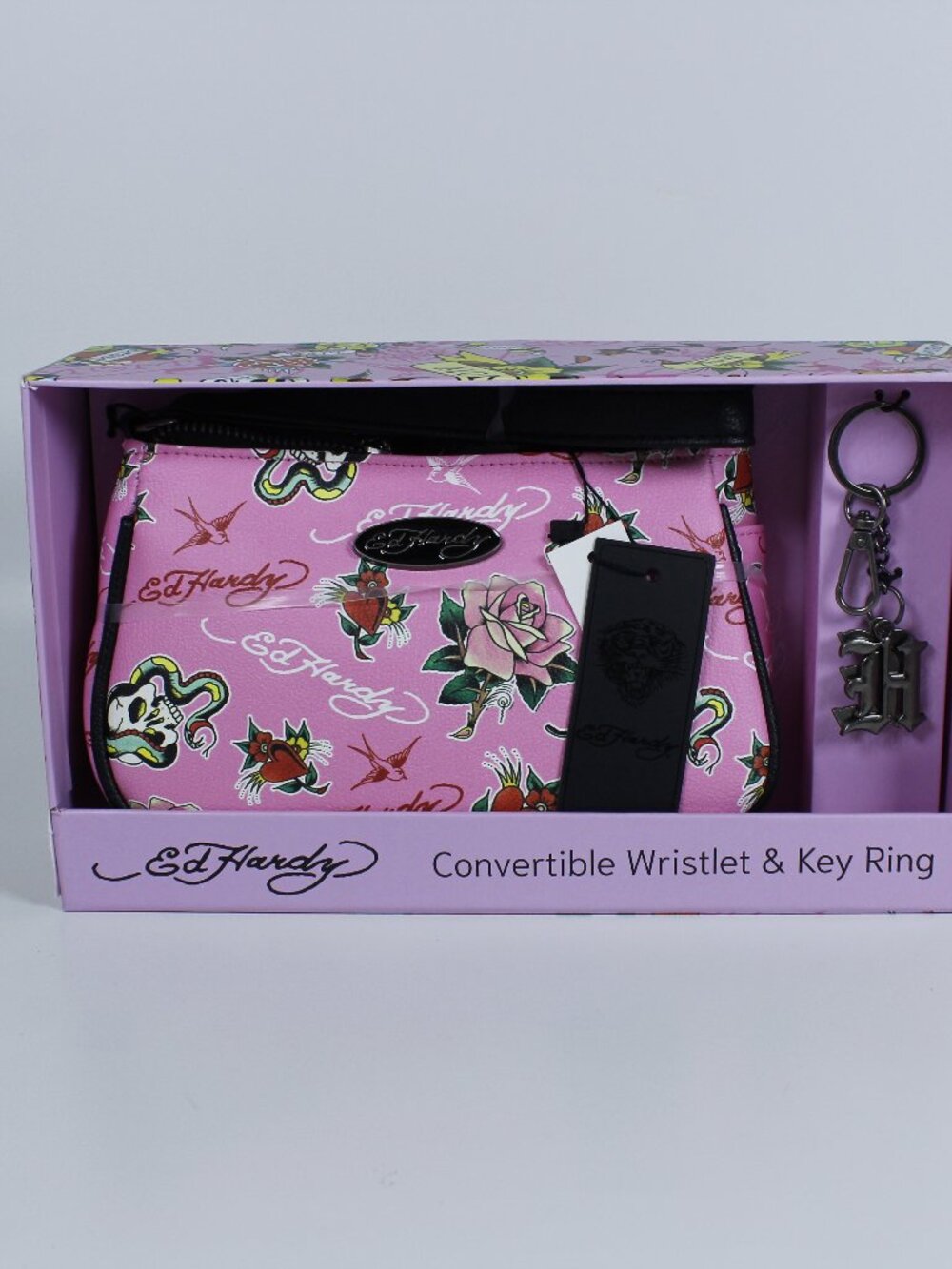 New Ed Hardy Set: Pink Y2K Convertible Wristlet Bag‎ + "EH" Logo Keychain